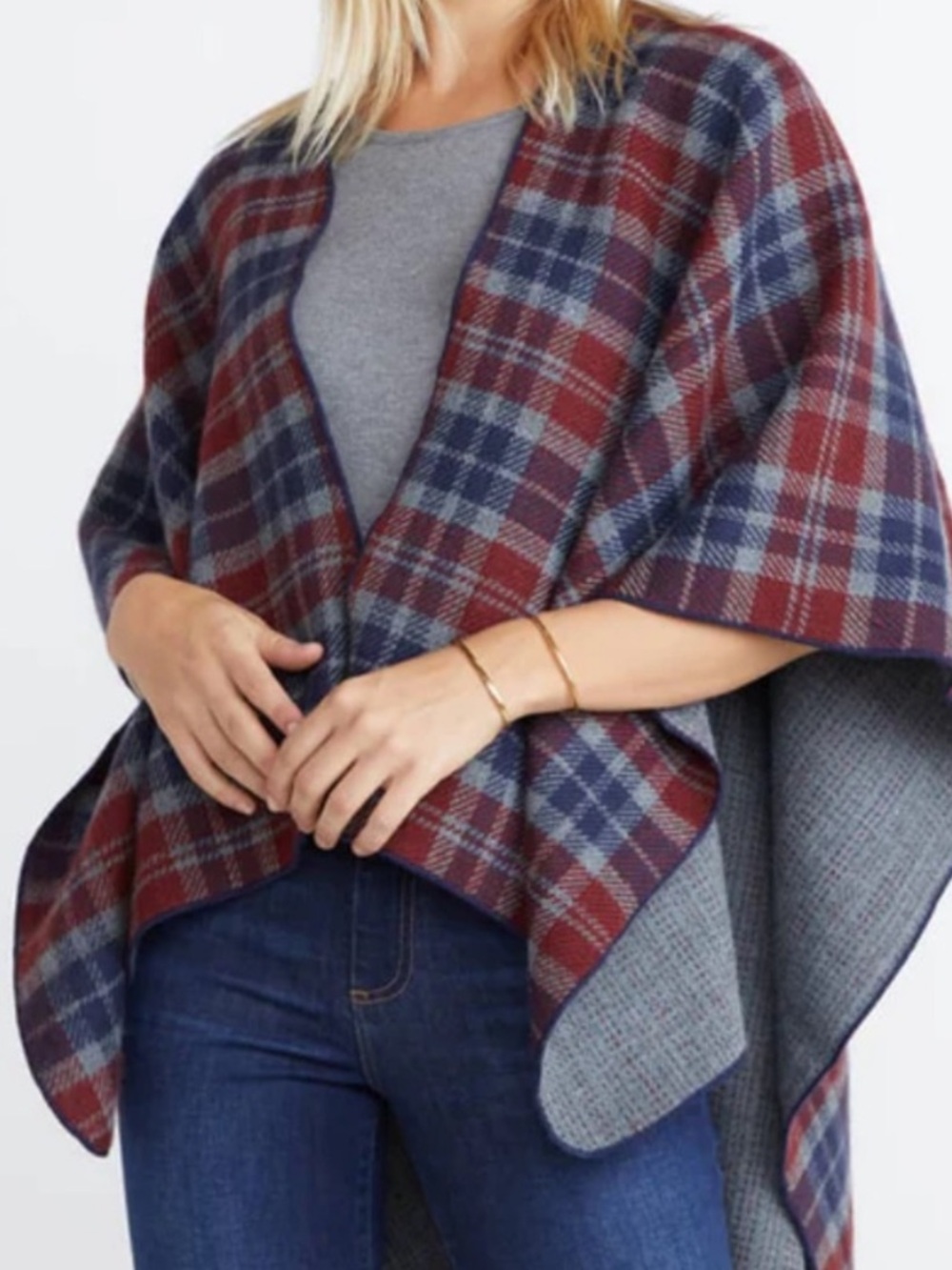 Marine Layer Plaid Reversible Wrap / Cape | Red + Navy/Gray | Like New